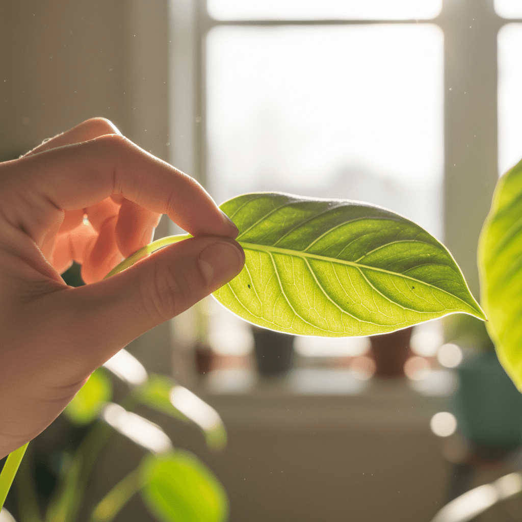 Close-up of a hand inspecting the underside of a green leaf on a houseplant