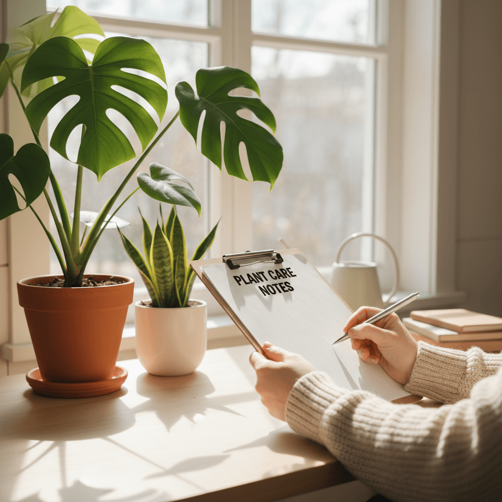Someone writing notes on a clipboard beside several potted plants in an office