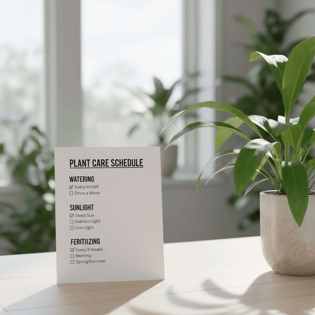 A printed plant care schedule next to a healthy green potted plant