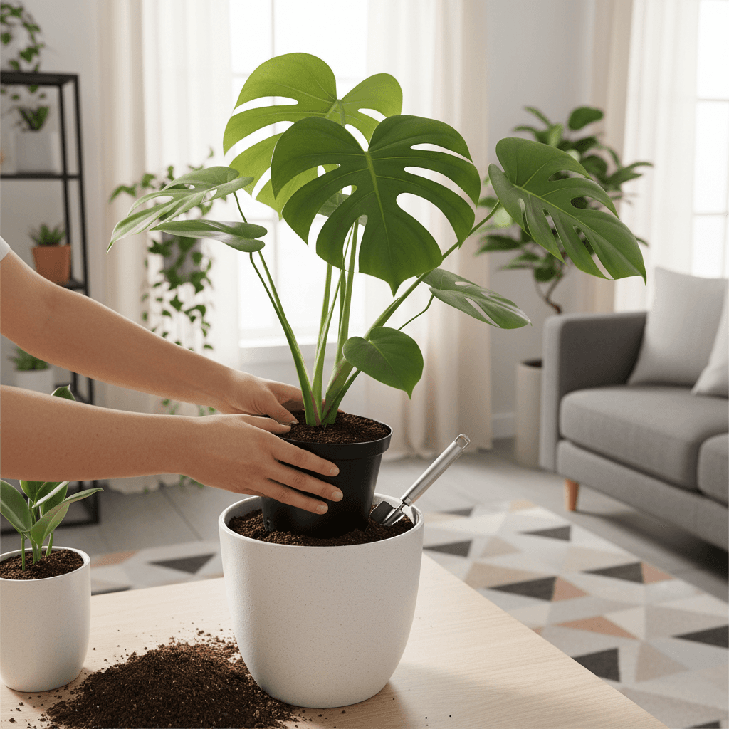Monstera plant being transferred to a larger ceramic pot with fresh soil