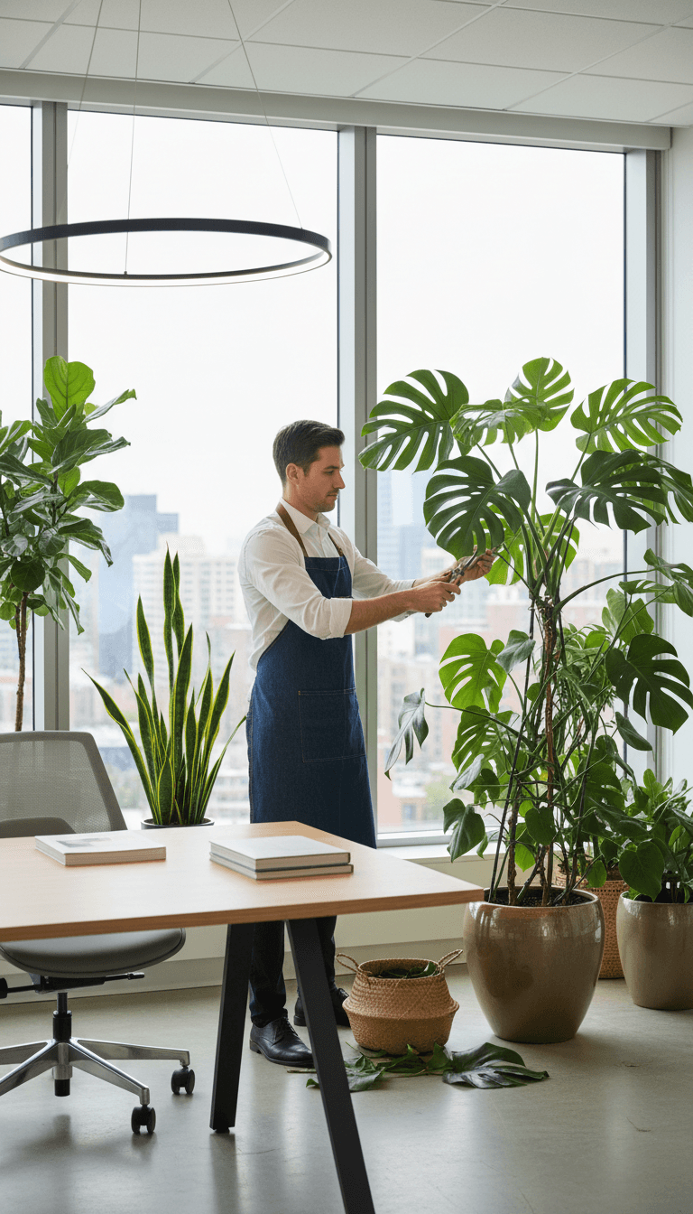 Plant specialist pruning a leaf in a bright office