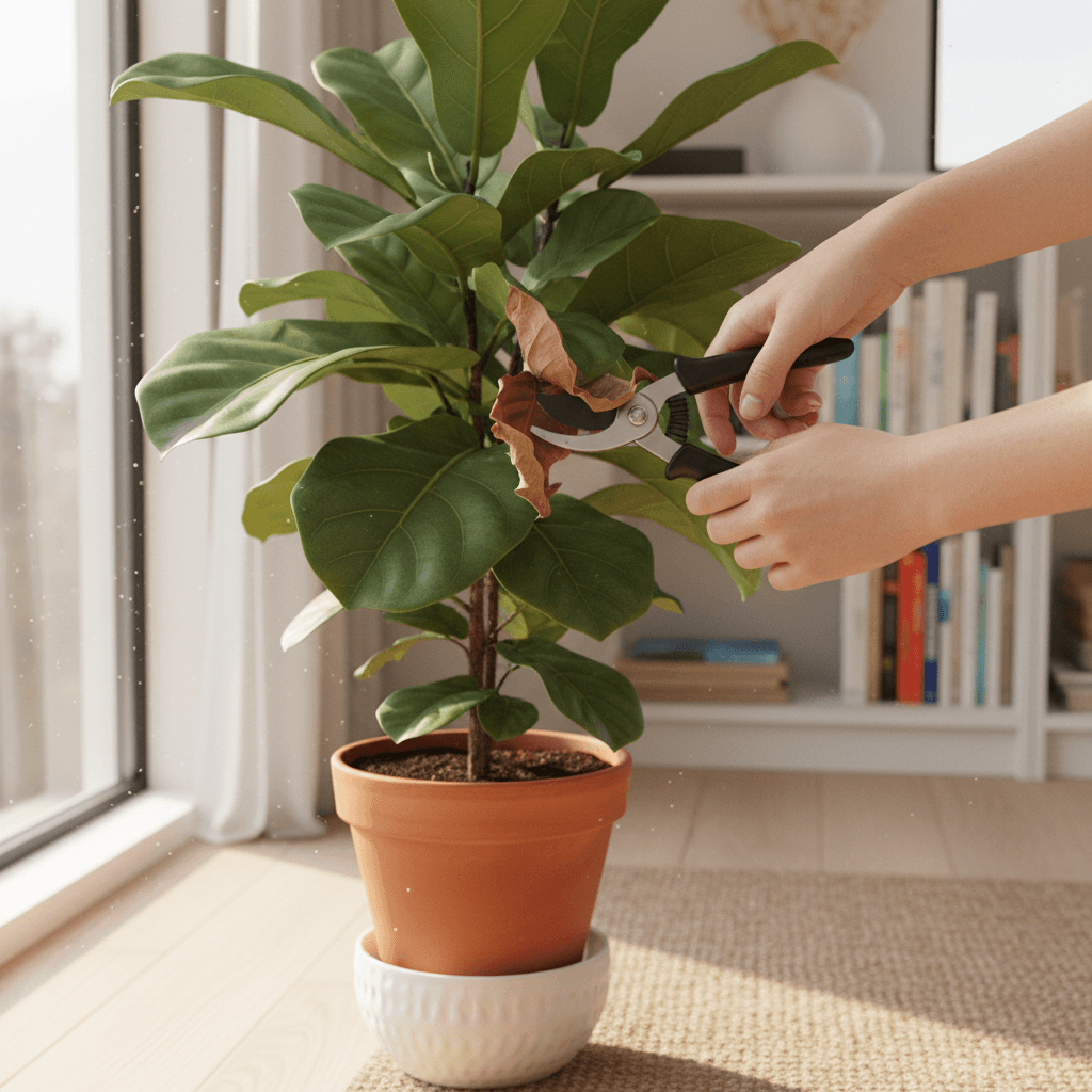 Hands using pruning shears to trim dry leaves from a potted plant