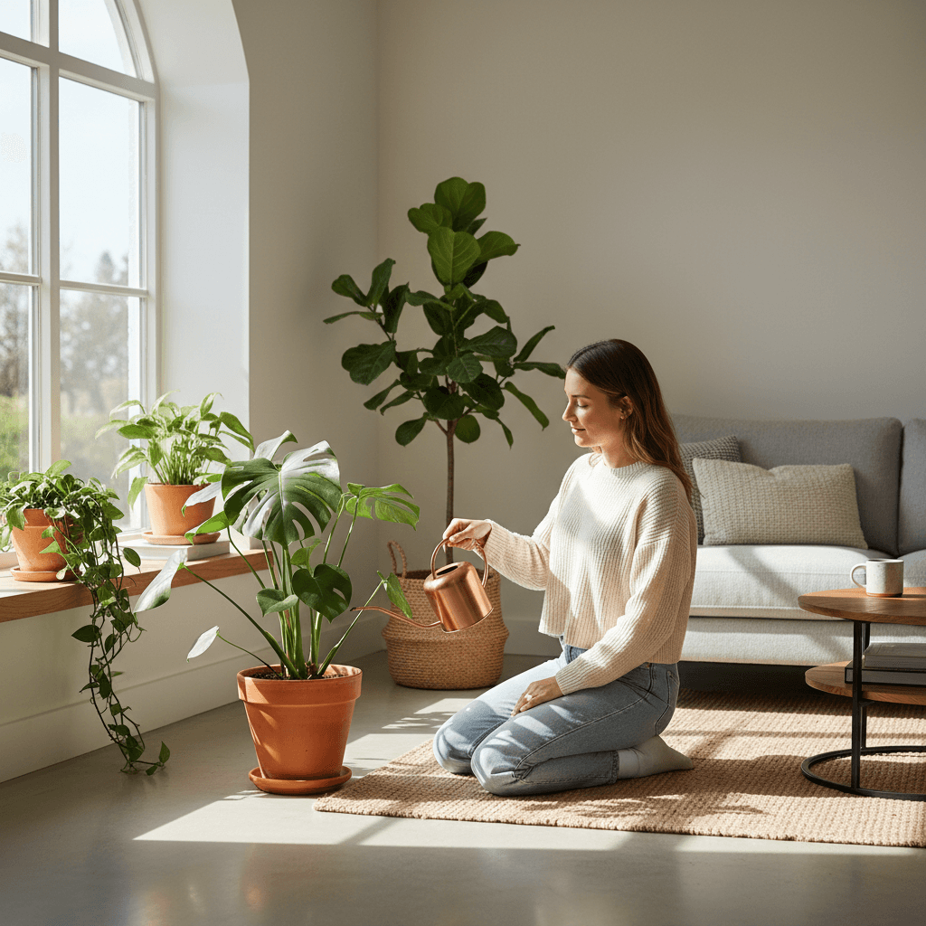 Person watering a potted houseplant with a small metal watering can
