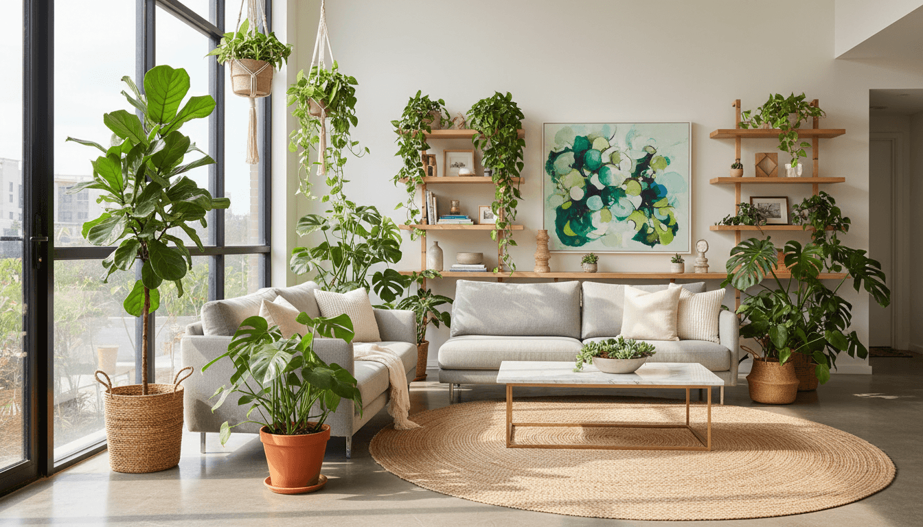 Thriving indoor plants arranged in a bright modern Toronto living room