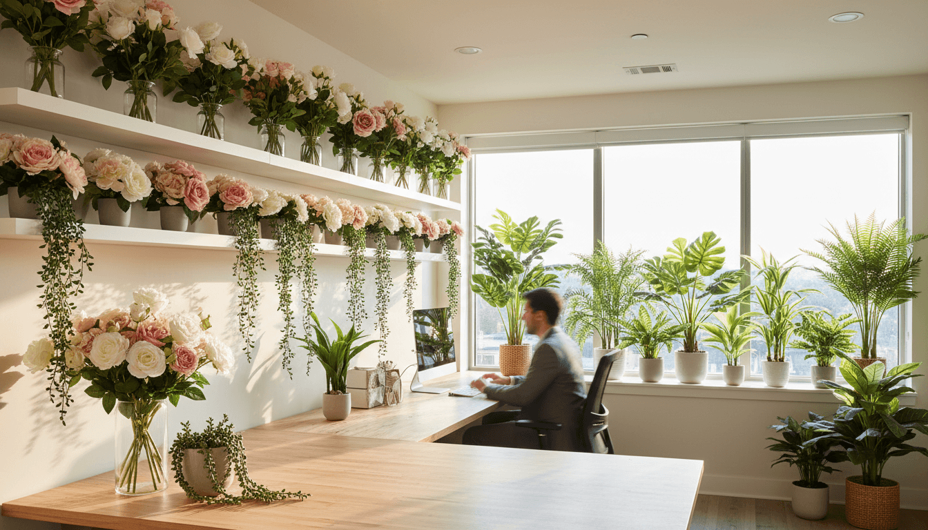 Healthy green indoor plants on shelves in a bright modern office with natural light