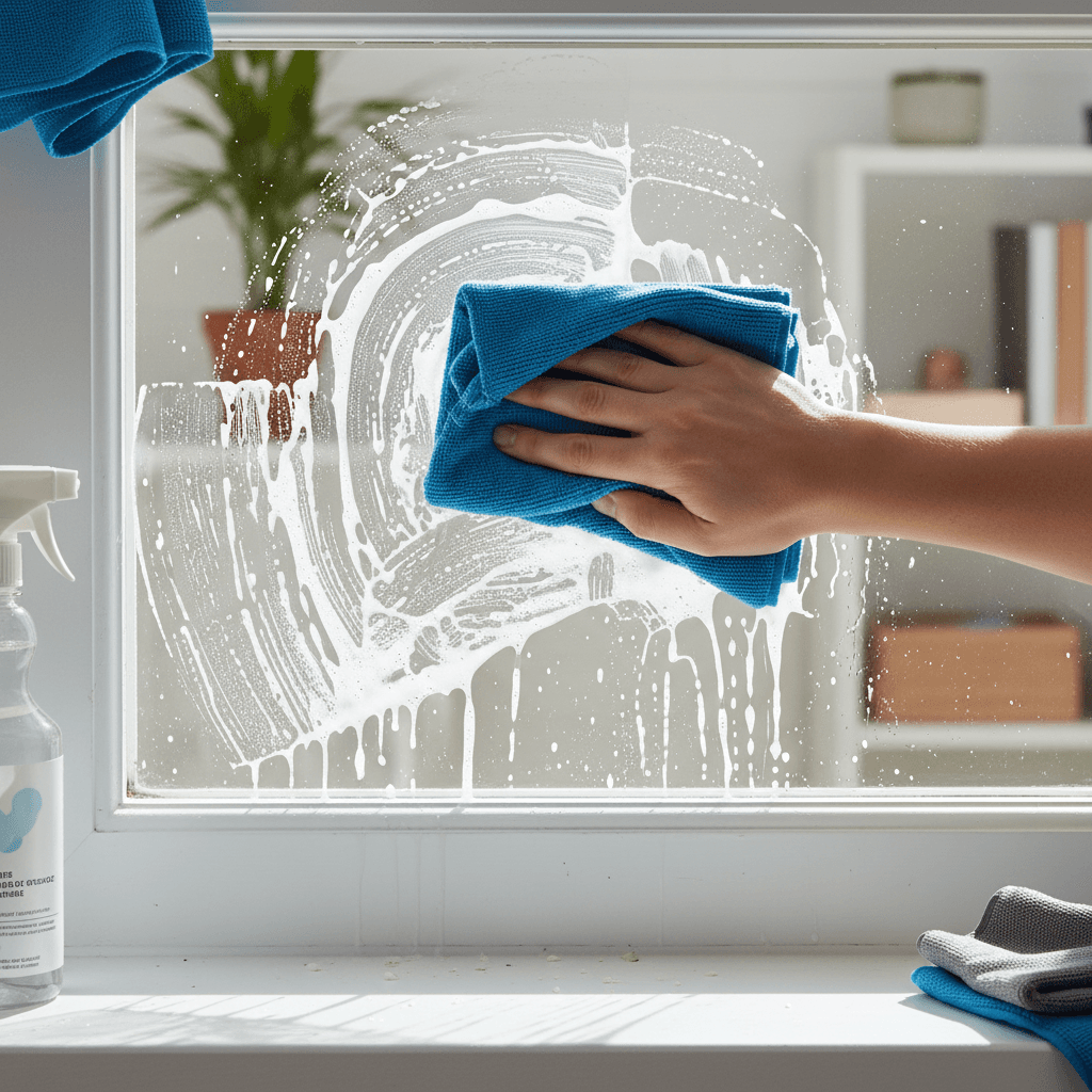 Person inspecting houseplant leaves up close in a bright living room
