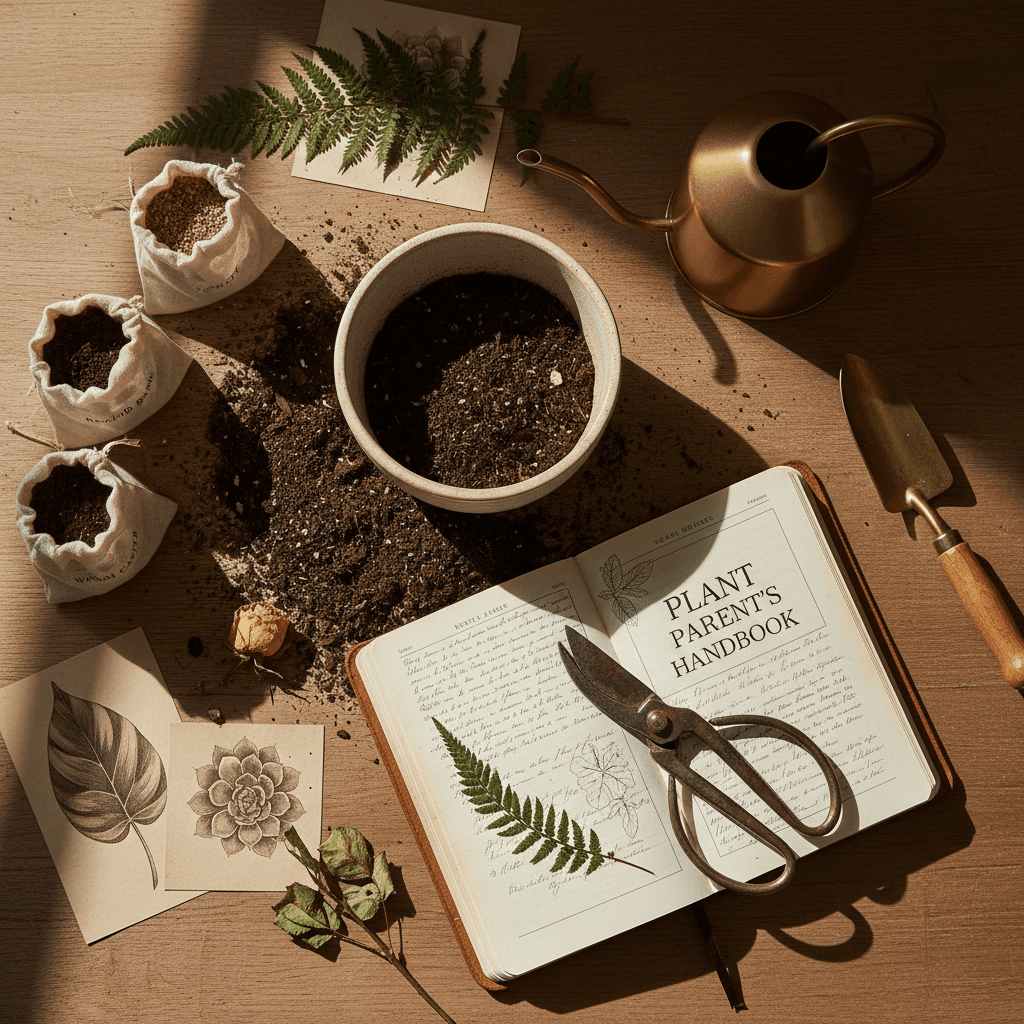 Person writing plant care notes on a clipboard beside potted plants