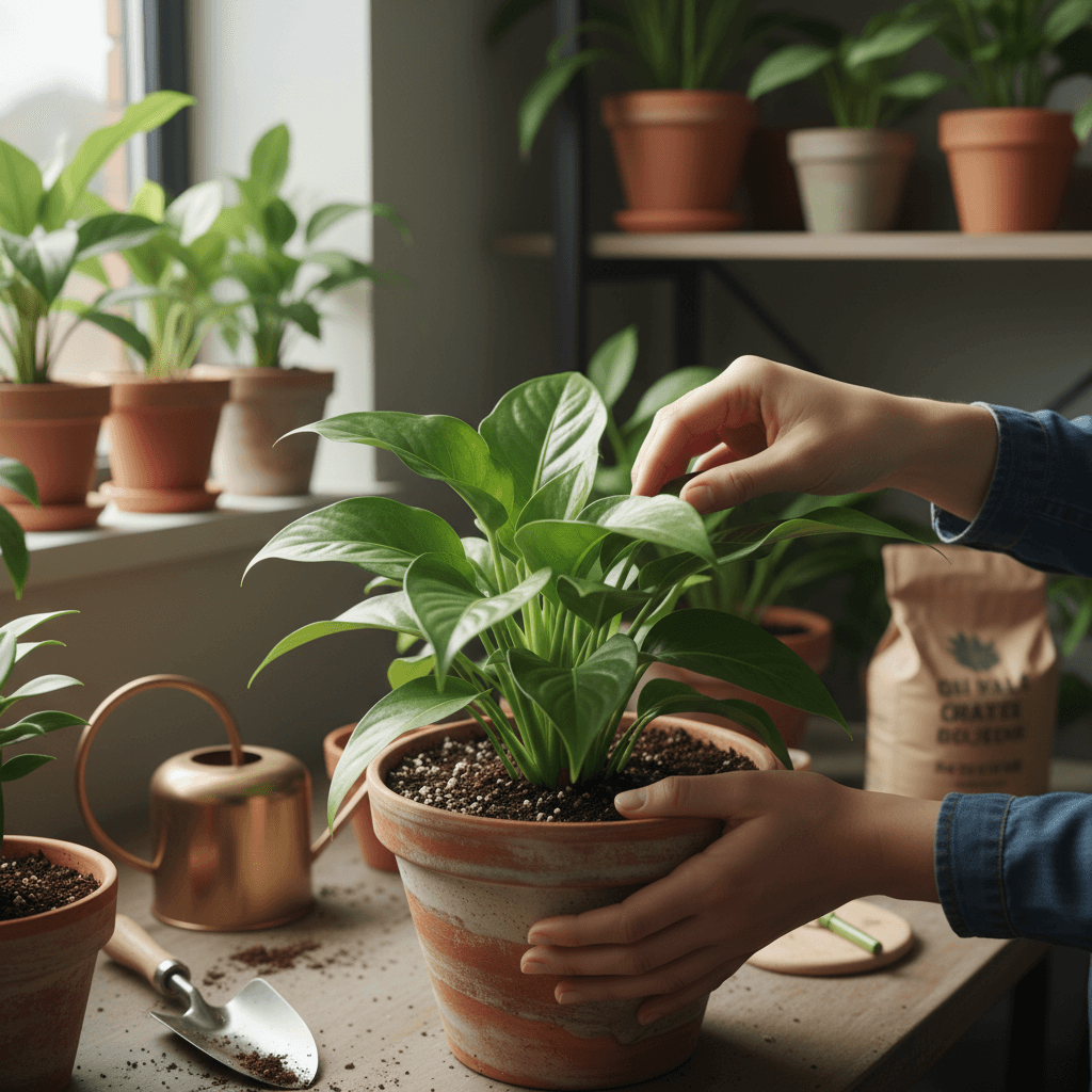 Plant care specialist checking a healthy green plant in a bright office space