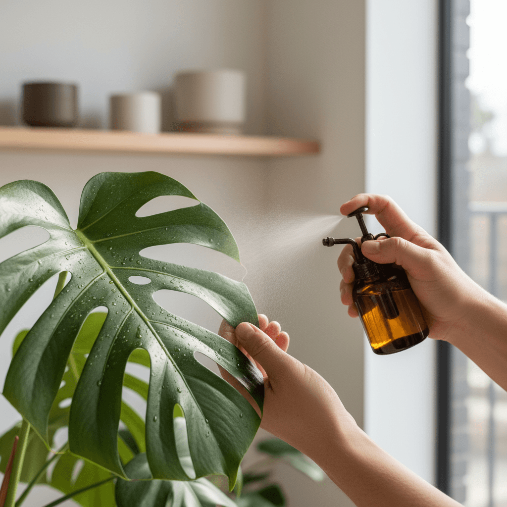 Professional plant care specialist inspecting lush green indoor plants in a bright modern office