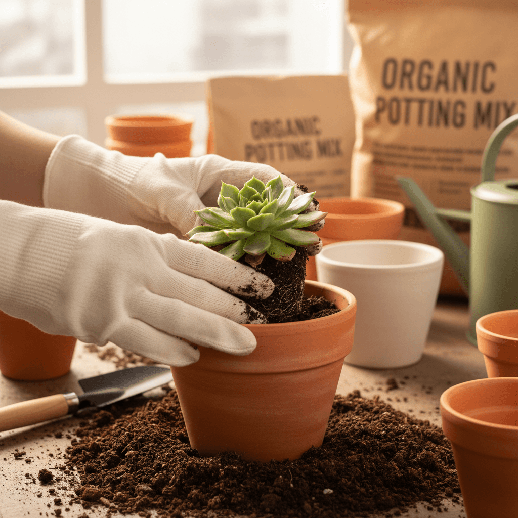 Repotting a houseplant into a larger ceramic pot with fresh soil in a cozy Toronto living space