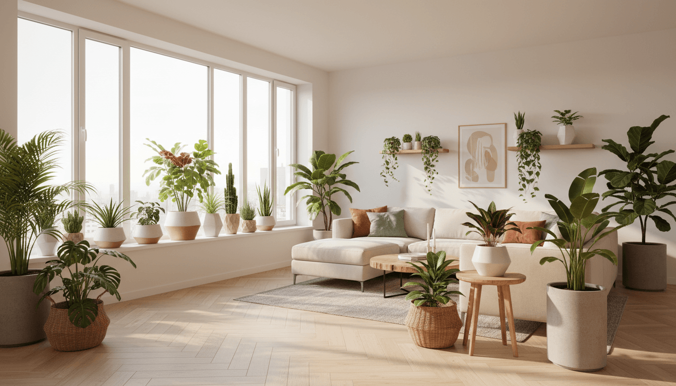 Indoor tropical plants arranged on a windowsill in a bright modern condominium