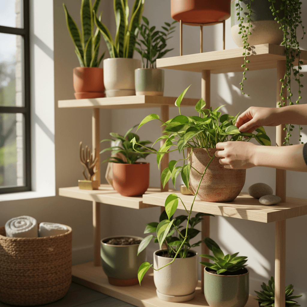 Houseplants on a windowsill with soft seasonal natural light