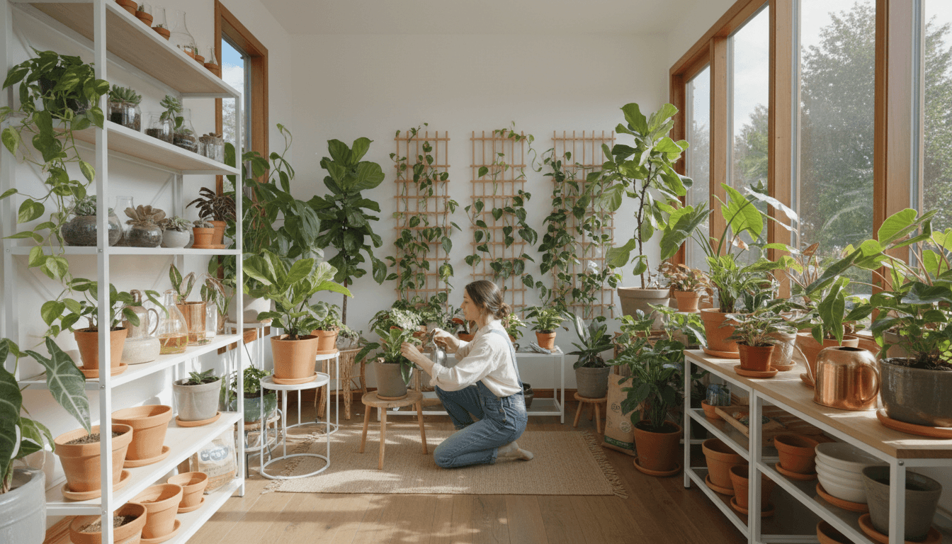 A bright living room in Toronto filled with healthy, thriving indoor plants of various sizes