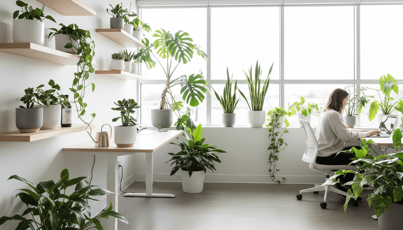 Potted plants lining a bright office lobby