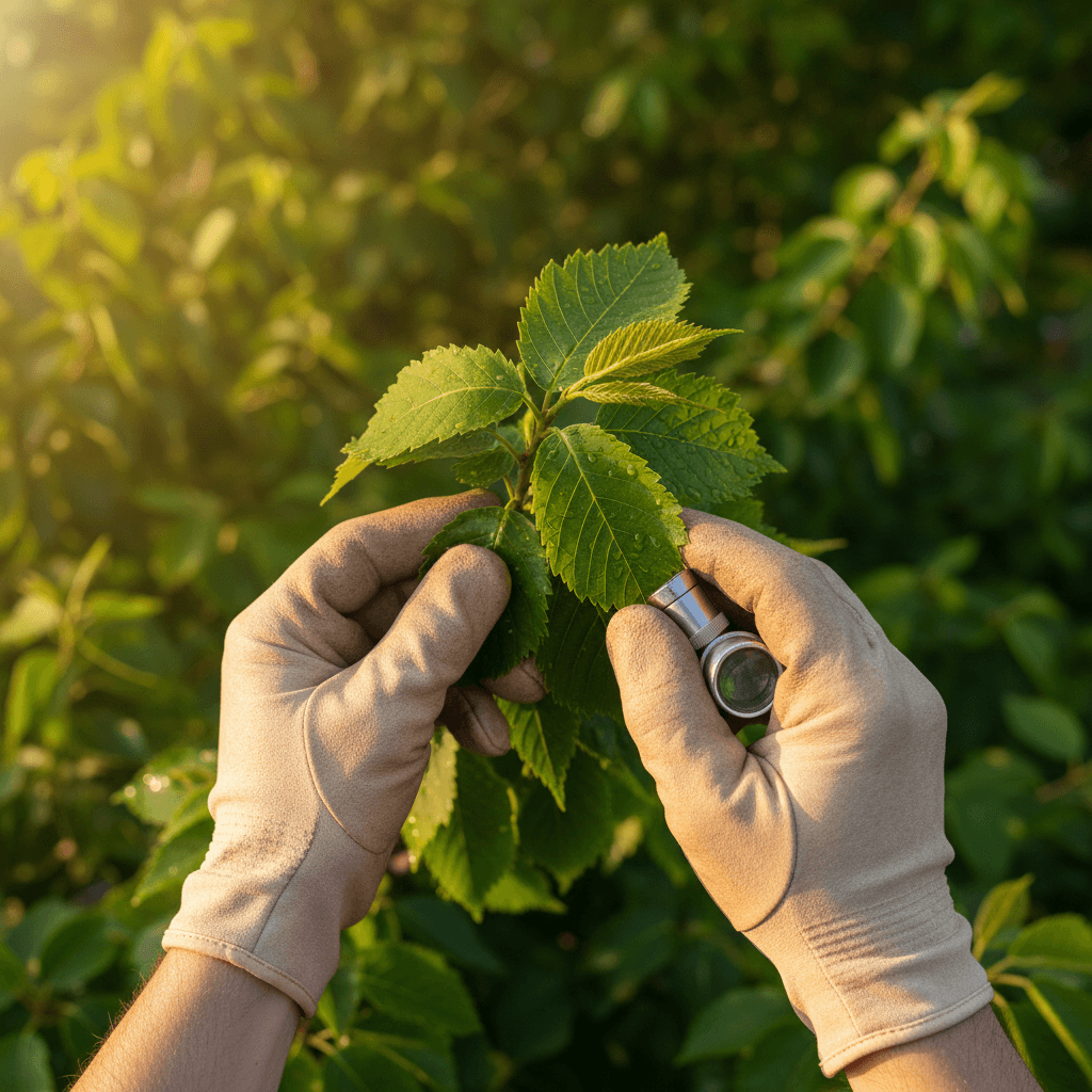 Close-up of a hand checking the underside of a plant leaf